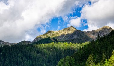 Val Casies 'deki Riepenspitze Dağı' nın tepelerinde ve ormanlarda güneş ışınları. HDR resmi