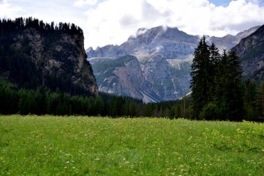 Croda Rossa di Braies, 3139 metre yüksekliğinde, Alt Pragser Tal 'ın çayırlarından görüldü.