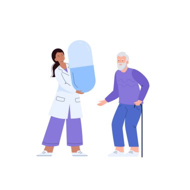 Kadın bir doktor yaşlı bir adama ilaç yazar. Beyaz arkaplanda izole edilmiş vektör düz illüstrasyon.