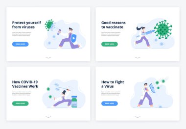 Doktorlar virüslere karşı savaşır. Tıp, nüfusu COVID-19 'dan korur. İniş sayfaları için vektör düz çizimler.