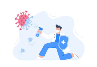 Dezenfektan spreyli bir erkek doktor koronavirüsün yayılmasını önler. COVID-19 'a karşı koruma. Beyaz arkaplanda izole edilmiş vektör düz illüstrasyon.