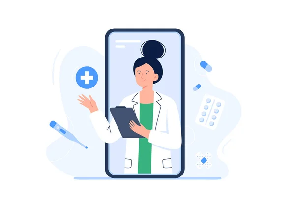 Kadın bir doktorla akıllı telefon ekranı. Çevrimiçi tıbbi hizmetler, danışmanlık ve teletıp konsepti. Beyaz arkaplanda izole edilmiş vektör düz illüstrasyon.