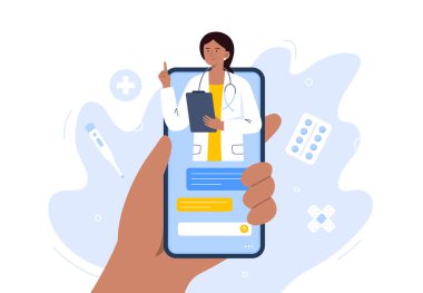 Konuşan bir kadın doktorla akıllı telefon ekranı. Çevrimiçi tıbbi hizmetler, danışmanlık ve teletıp konsepti. Vektör düz resimleme.