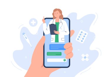 Konuşan bir kadın terapistle akıllı telefon ekranı. Çevrimiçi tıbbi hizmetler, danışmanlık ve teletıp konsepti. Vektör düz resimleme.