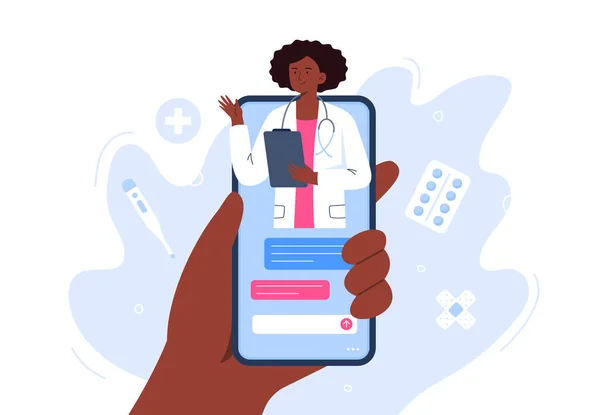 Hand håller smartphone med en kvinnlig terapeut på chatt. Medicinska tjänster online, konsultation och telemedicin. Vektor platt illustration. — Stock vektor