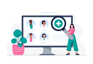 Bir kadın online danışmanlık için bir doktor arıyor. Çevrimiçi tıbbi hizmetler, danışmanlık ve teletıp konsepti. Vektör düz resimleme.