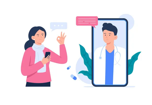 A sick woman on online consultation with a doctor. Online medical services, consultation and telemedicine concept. Vector flat illustration. — Stock Vector