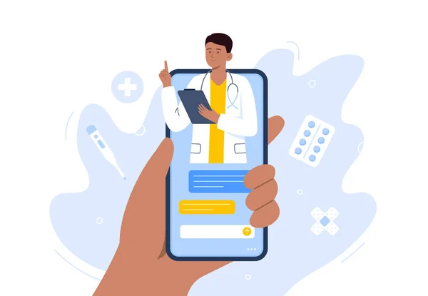 스마트폰 화면에 의사와 채팅중입니다. 온라인 의료 서비스, 상담 및 원격 의료 개념. 반사기 편평 한 그림. — 스톡 벡터