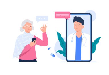 Yaşlı bir kadın bir doktorla çevrimiçi danışmanlık yapıyor. Çevrimiçi tıbbi hizmetler, danışmanlık ve teletıp konsepti. Vektör düz resimleme.