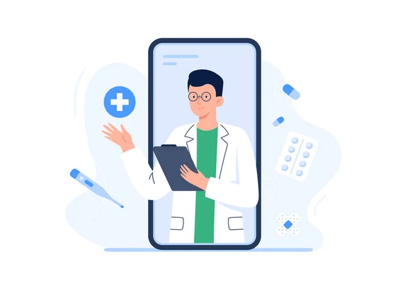 Smartphone skärm med en läkare. Medicinska tjänster online, konsultation och telemedicin. vektor platt illustration isolerad på vit bakgrund. — Stock vektor