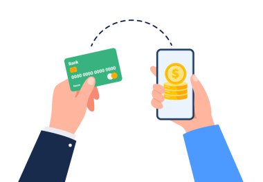 Akıllı telefondan kredi kartından cep telefonuna para gönder. Finansal işlemler, işlemler, yatırımlar ve ödeme konsepti. Vektör düz resimleme.