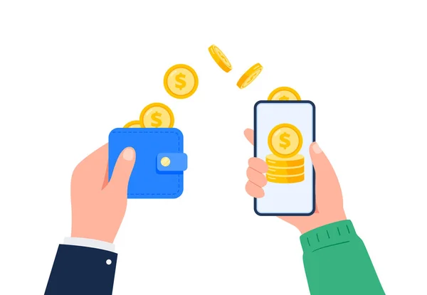 Στείλτε χρήματα από ένα πορτοφόλι σε έναν online τραπεζικό λογαριασμό. Χρηματοοικονομικές πράξεις, συναλλαγές, επενδύσεις και έννοια πληρωμής. Διανυσματική επίπεδη απεικόνιση. — Διανυσματικό Αρχείο