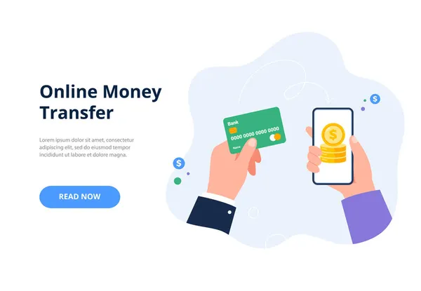 Koncept för överföring av pengar online. Icke-kontanta pengar omsättning. Trendig platt vektor illustration för banderoller, landningssida mall, mobilapp. — Stock vektor