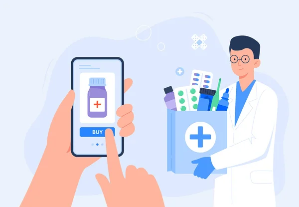 Människans hand håller smartphone för online-beställning av läkemedel. Hemleverans apotek tjänst. Nätapotek, leverans droger, receptbelagda läkemedel beställning. Vektor platt illustration. — Stock vektor