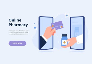Çevrimiçi eczaneden sipariş için kredi kartıyla ödeme. Çevrimiçi eczane, teslimat ilaçları, reçeteli ilaçlar. Sancaklar için vektör düz illüstrasyon, iniş sayfası.