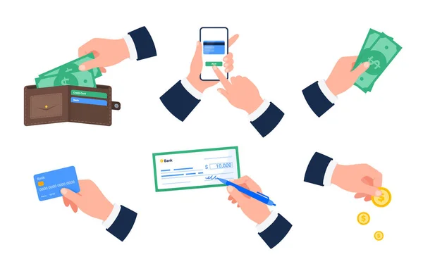 Olika betalningsalternativ. Händerna med kontanter, mobil bank, kreditkort, check, mynt. Vektor platta illustrationer. — Stock vektor