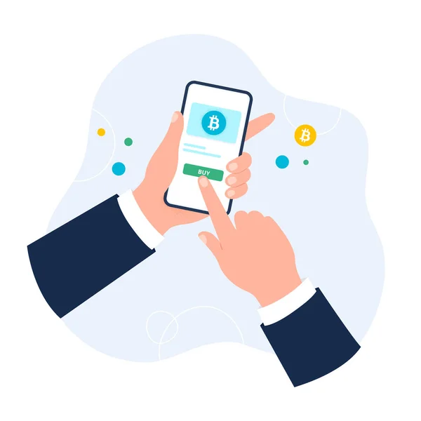모바일 앱에서 비트코인을 구입하는 것입니다. 암호화 된 화폐로 금융 운영. 흰색 배경에 분리 된 벡터 평면 삽화. — 스톡 벡터
