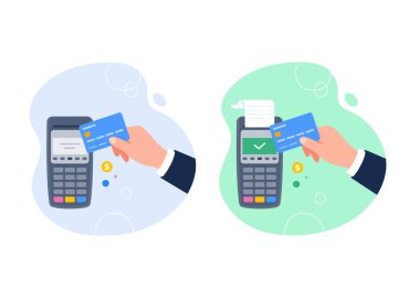 EMV çip ödeme yöntemi konsepti. Elinde akıllı bir kredi kartı ya da banka kartı var. Para operasyonları için POS terminali. Vektör düz resimleme.