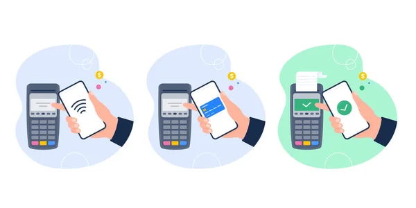 Verarbeitung von NFC-Zahlungen. Kontaktloses Bezahlen per Smartphone, Nahfeldkommunikationsprotokoll und E-Payment. Vektorflache Illustration. — Stockvektor