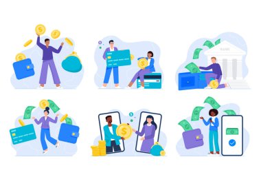 Farklı para transferleri kümesi. İnsanlar bir kredi kartına, bir banka hesabına ya da elektronik bir cüzdana para gönderiyor. Vektör düz çizimler.