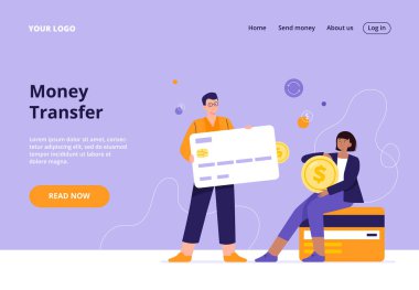 Bir adam bir karta para transferi yapar. Güvenli cep telefonu ödemesi, para transferi, bağış. İniş sayfası için düz vektör illüstrasyonu.
