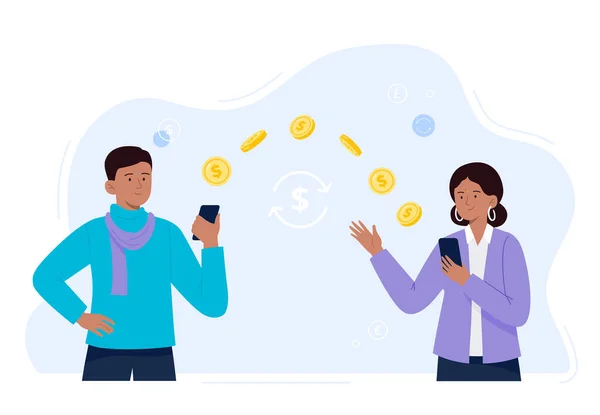 An Indian man sends money from a smartphone to a female colleague or coworker. People make contactless currency transactions on the internet. Easy banking concept. Vector flat illustration. — Vetor de Stock