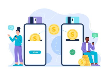 Bir adam ve bir kadın akıllı telefon uygulaması ile para gönderip alıyorlar. Çevrimiçi işlemler için uygulama. Para transferi ve bankacılık kavramı. Pankartlar için vektör düz illüstrasyon, web sayfası.