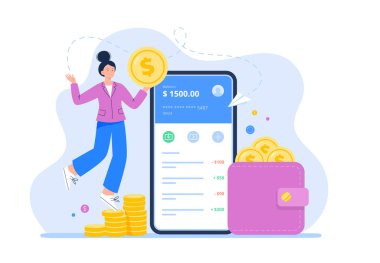 Akıllı bir telefonla ödeme gönderip almak. Sermaye akışı, kazanç ve harcama parası. Dijital banka veya elektronik cüzdan telefon uygulaması, cep telefonu işlemleri konsepti. Vektör düz resimleme.