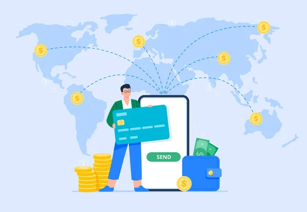 Uluslararası para transferi ve güvenli işlemler. Bir erkek kullanıcı, mobil bankacılık uygulaması kullanarak farklı yerlere para gönderiyor. Kolay bankacılık konsepti. Vektör düz resimleme.