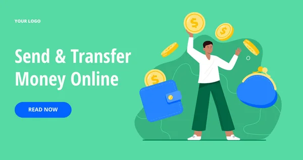 Money transfer from and to a wallet. Capital flow, earning or making money. Financial savings or economy concept. Vector flat illustration for banners, webpage. — Vetor de Stock