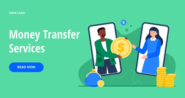 A man sends money from a smartphone to a woman. People make contactless currency transactions on the internet. Digital bank or e-wallet phone app. Vector flat illustration for banners, webpage. — Vetor de Stock