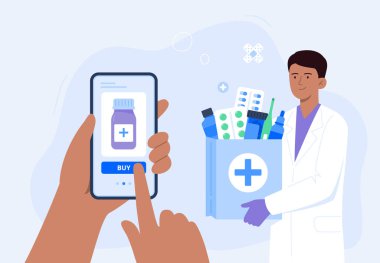 İnternetteki ilaçların siparişi için insan eli akıllı telefonu tutuyor. Tıbbi alışverişleri olan Hintli bir eczacı. Çevrimiçi eczane, teslimat ilaçları, reçeteli ilaçlar. Vektör düz resimleme.