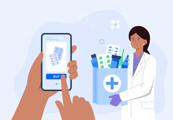 Mão humana segurando smartphone para a ordem on-line de medicamentos. Um farmacêutico indiano com compras médicas. Farmácia on-line, medicamentos de entrega, medicamentos de prescrição ordem. Ilustração plana vetorial. —  Vetores de Stock