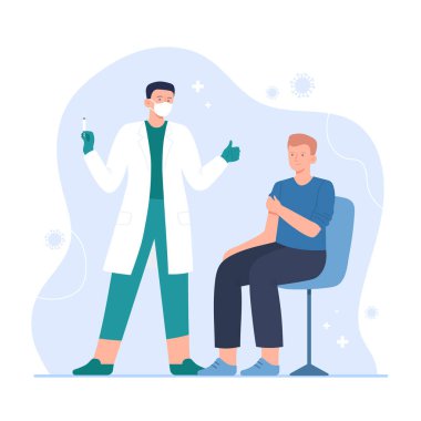 Bir tıp doktoru genç bir adama aşı yapar. Grip, virüs ya da hastalıklara karşı küresel aşı kavramı. Coronavirus 'a karşı bağışıklık kazanma süreci, covid-19. Vektör düz resimleme.