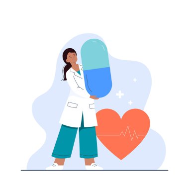 Büyük hapları olan genç bir doktor. Hint kökenli, yetişkin bir kadın doktor karakteri. Kliniklerin web sitesi ve uygulamaları için vektör düz illüstrasyon.