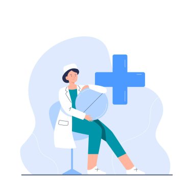 Büyük haplı genç bir hemşire. Yetişkin bir kadın doktor karakteri. Kliniklerin web sitesi ve uygulamaları için vektör düz illüstrasyon.