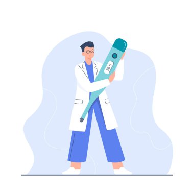 Büyük bir termometresi olan genç bir doktor. Yetişkin bir erkek doktor karakteri. Broşürler, sağlık klinikleri afişleri ve web siteleri için vektör düz illüstrasyon.
