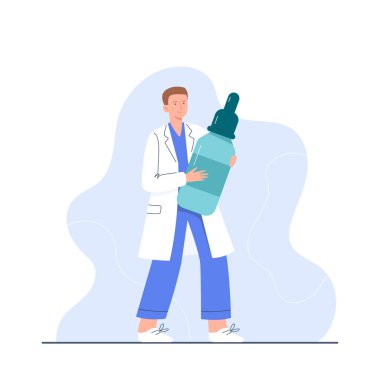 Elinde ilaç şişesi olan genç bir doktor. Yetişkin bir erkek doktor karakteri. Broşürler, sağlık klinikleri afişleri ve web siteleri için vektör düz illüstrasyon.