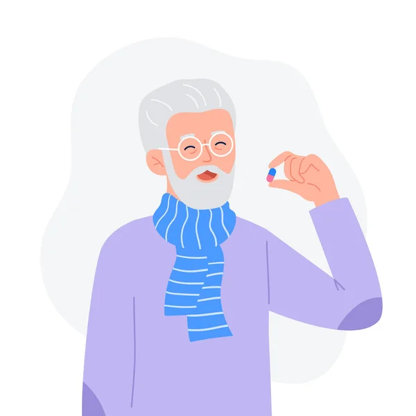 Een oude man drinkt een pil. Cartoon karakter staan en houden pil capsule pijnstiller of vitamine medicatie in de hand. Medicijnen en vitamine concept. Vector platte kleurrijke illustratie. — Stockvector