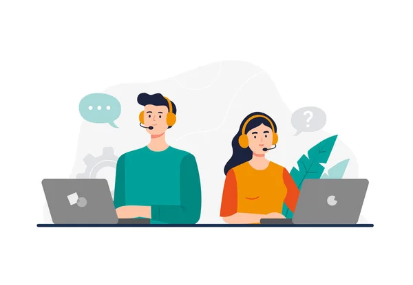 Çağrı merkezinden bir adam ve kadın. Müşteri sorunlarıyla uğraşmak, telefonlara cevap vermek, müşterilerle sohbet etmek. Müşteri destek departmanı personeli, tele pazarlama ajansları. Vektör düz resimleme.