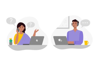 Çağrı merkezinden Hintli bir adam bir kullanıcıyla iletişim kuruyor. Müşteri sorunlarıyla uğraşmak, telefonlara bakmak, müşterilerle sohbet etmek. Müşteri ve teknik destek kavramı. Vektör düz resimleme.