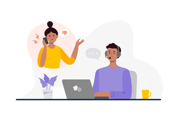 Een Indiase man van een call center kan niet omgaan met een klant probleem. Online wereldwijde technische ondersteuning 24 7. Medewerkers van de klantendienst, telemarketingagenten. Vector platte illustratie. — Stockvector