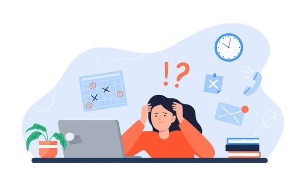Vyčerpaná žena sedící na pracovišti s počítačem. Freelancer je ve stresu z hodně práce. Emocionální koncepce vyhoření. Dlouhý pracovní den v kanceláři. Vektorové barevné ploché ilustrace. — Stockový vektor