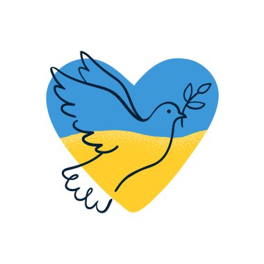 Dove of peace on blue and yellow colors of the Ukrainian flag. Calling for peace in Ukraine. Stop the war. Vector illustration isolated on white background.