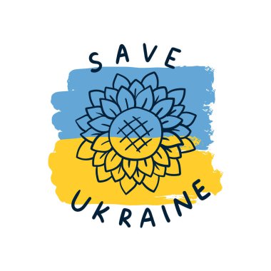 Ukrayna 'yı kurtarmak için arıyorum. Ukrayna bayrağının mavi ve sarı renklerinde ayçiçeği. Ukrayna 'nın yanında dur. Vektör illüstrasyonu beyaz arkaplanda izole edildi.