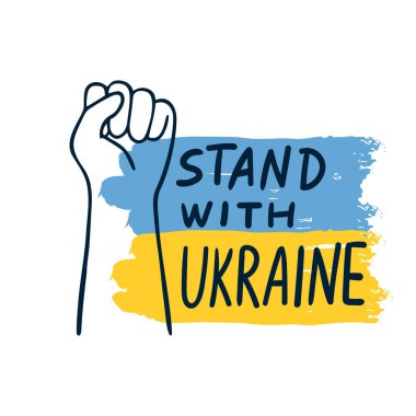 Sign of struggle against russian invasion. Stand with Ukraine, stop the war, and free Ukraine. Isolated set of vector elements on the blue and yellow background.