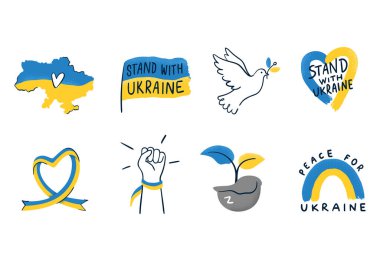 Ukrayna 'yı destekleyen ikonlar. Ukrayna 'nın yanında dur. Ukrayna haritası, ulusal bayrak, barış güvercini, Rus işgaline karşı bir mücadele işareti. Beyaz arkaplanda vektör çizimleri.