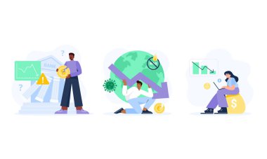 Financial crisis illustrations set. Characters, office workers with economic, investment, and business problems. Global crises, stock market collapse, bankruptcy. Vector isolated illustrations.