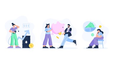 Financial crisis illustrations set. Stressed characters, office workers with economic, investment, and business problems. Price growth, losing savings, poverty. Vector isolated illustrations.