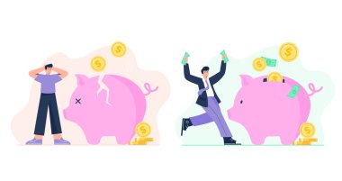 Financial concepts. Personal budget, a different relationship with money. A man who spends savings and a man who saves a lot of money. Vector flat illustrations isolated on the white background.
